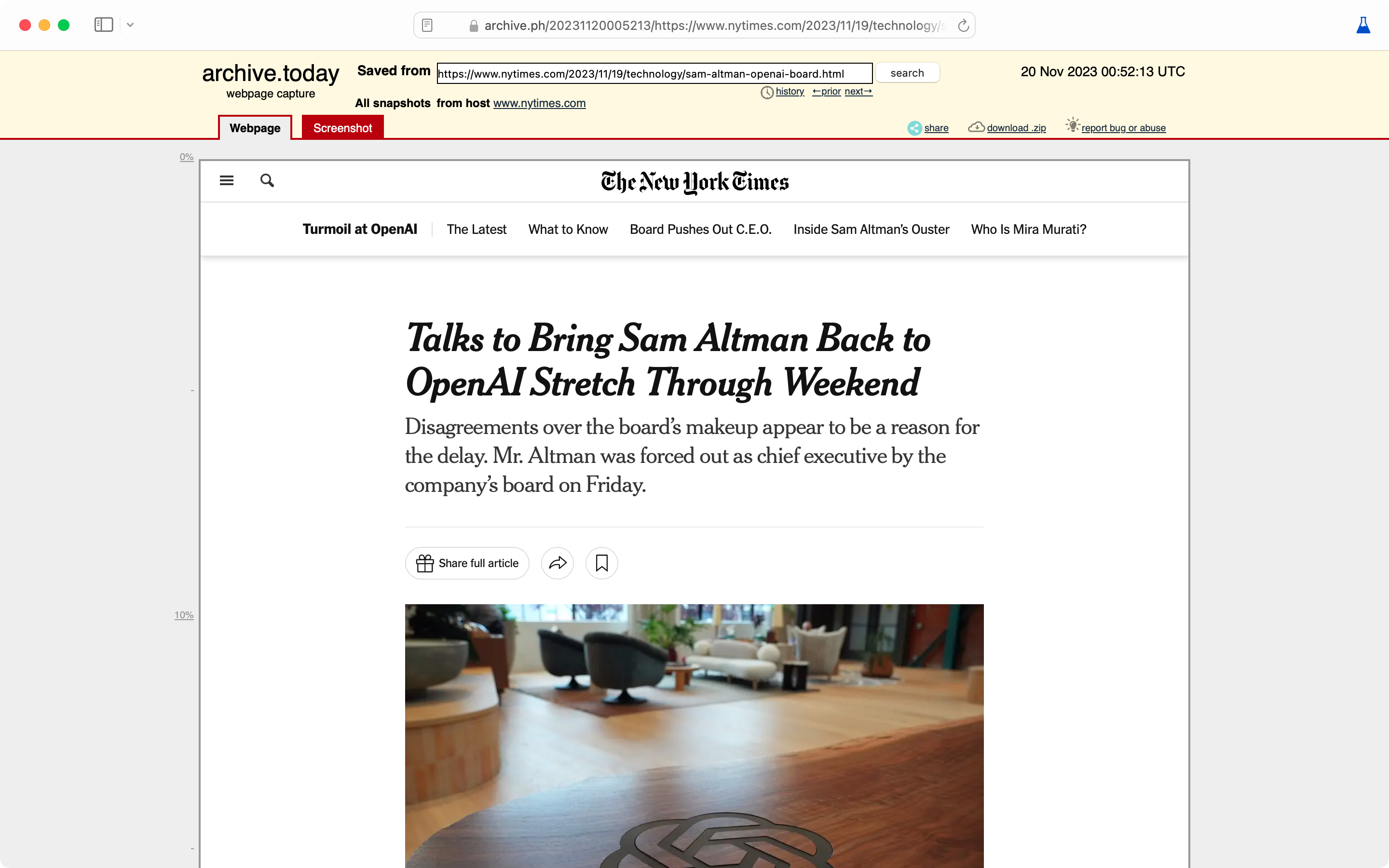 Screenshot of archived version of New York Times article.