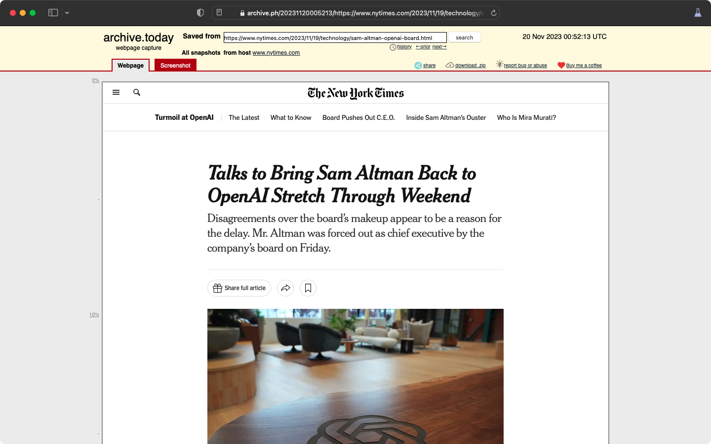 Screenshot of archived version of New York Times article.