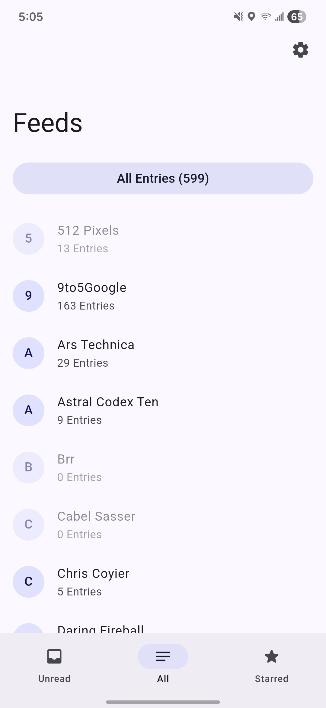 Screenshot of list of feeds.