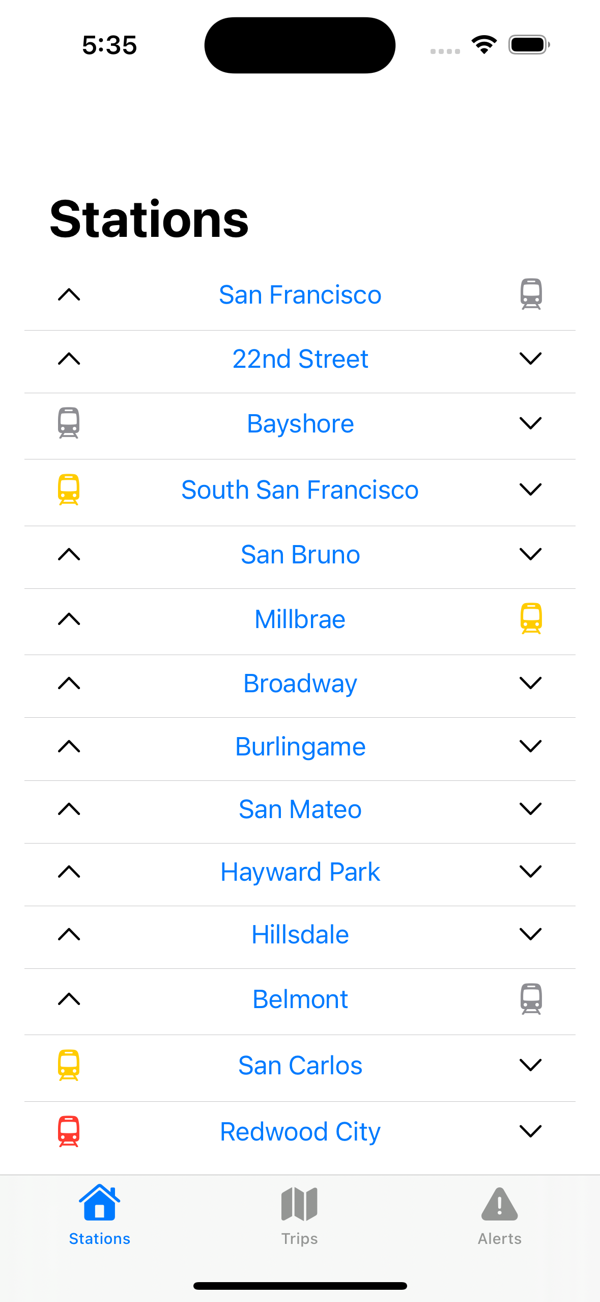 Screenshot of list of trains at different stations.