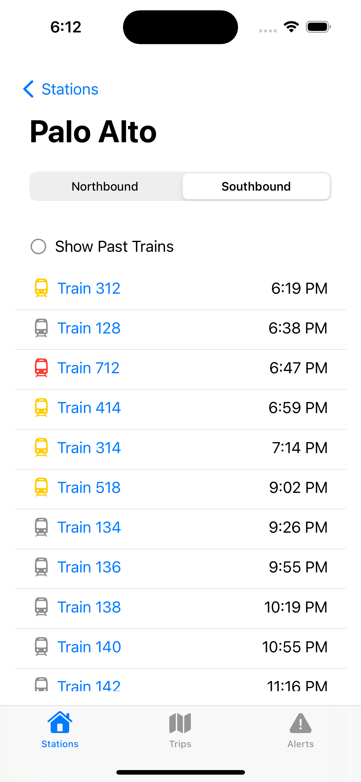 Screenshot of list of trains going through a certain station.