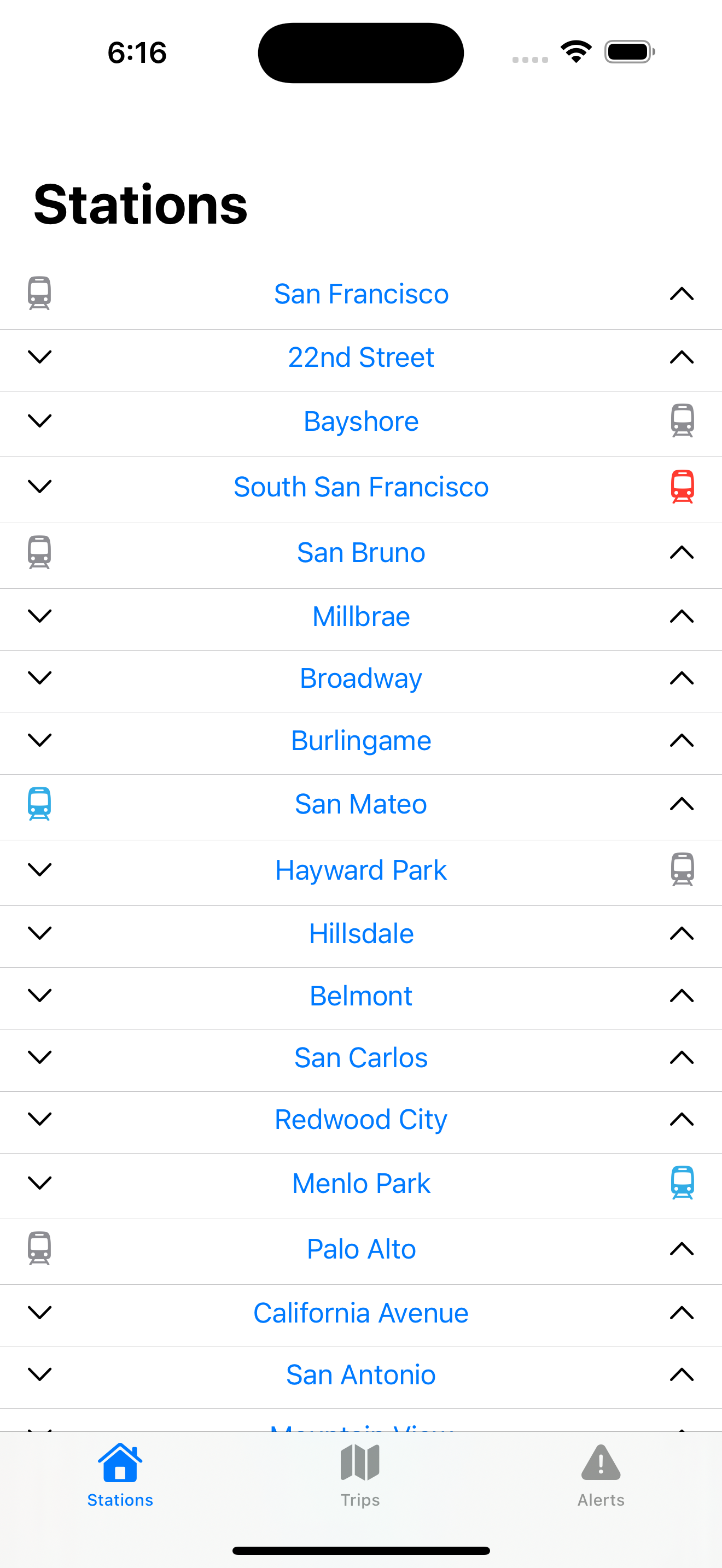 Screenshot of list of trains at different stations.