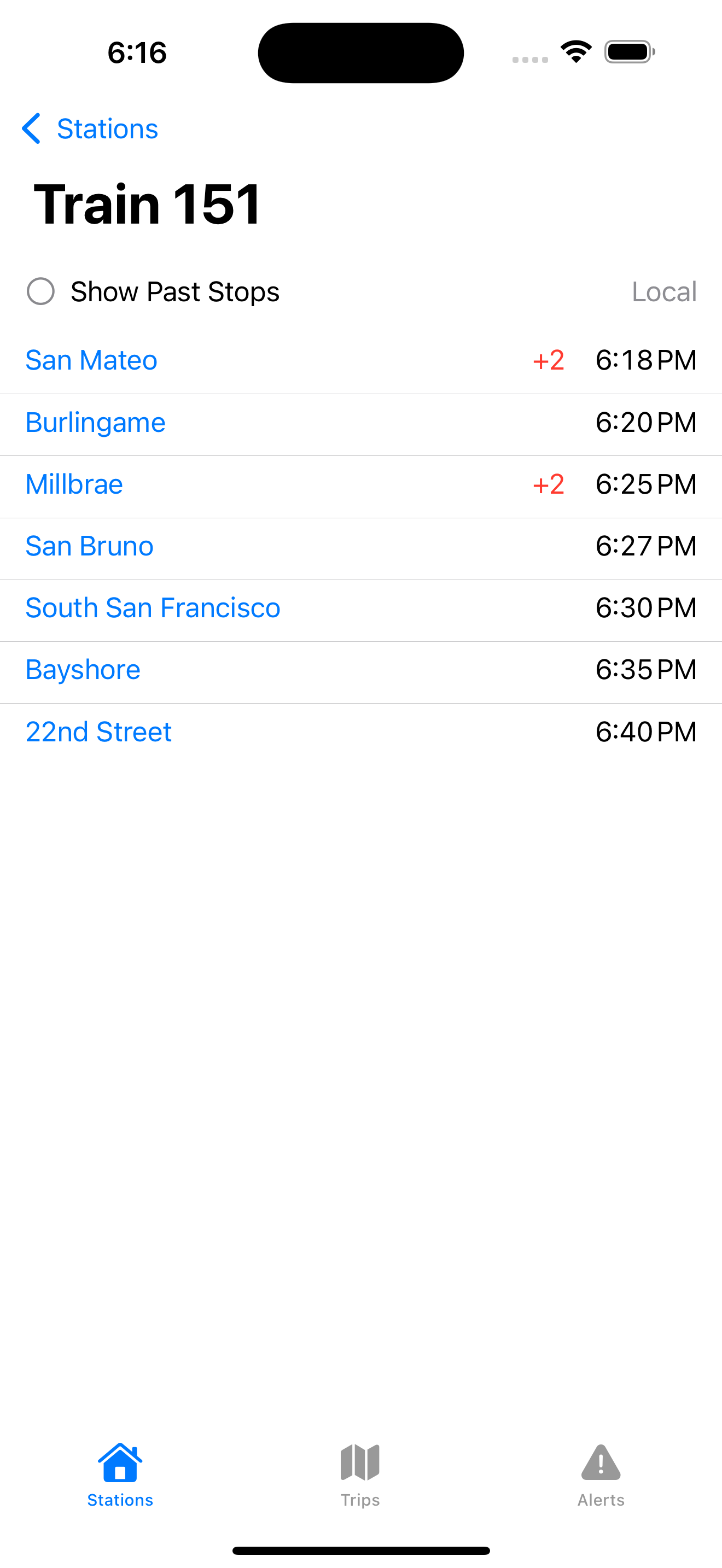 Screenshot of list of stops for a train.